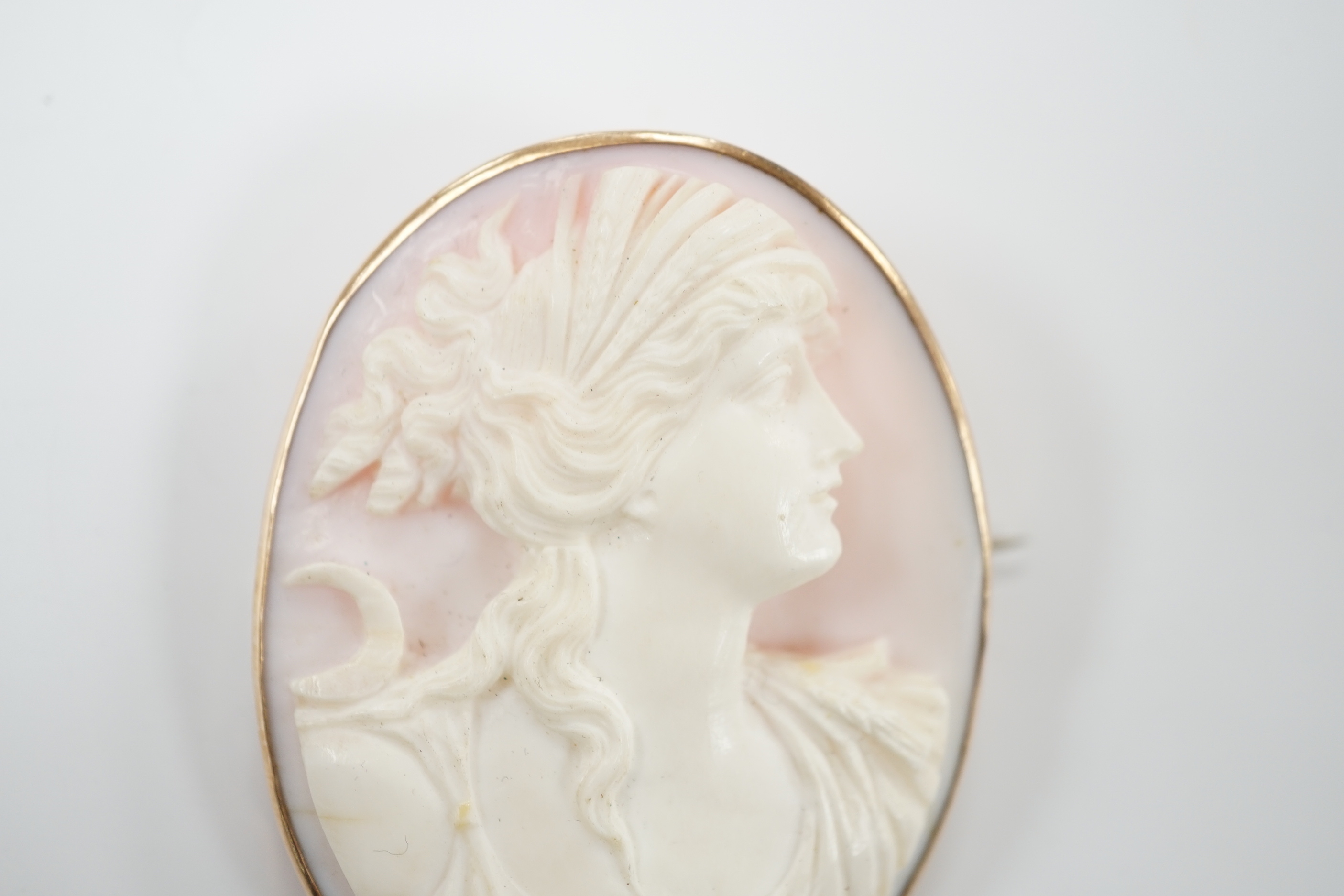 A yellow metal mounted oval cameo brooch, 6cm